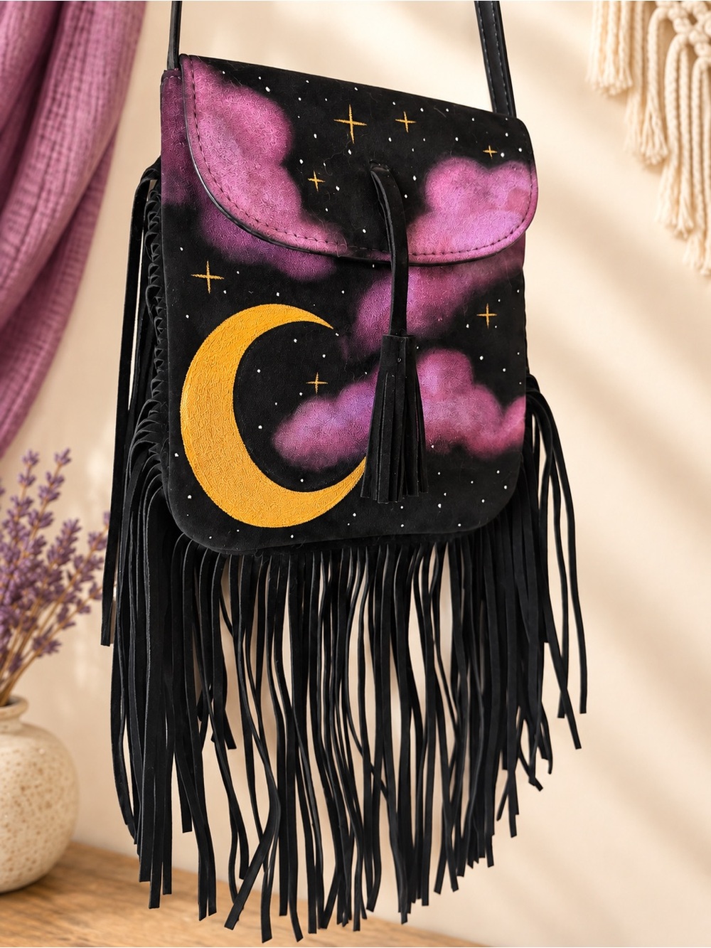 Boho Moon & Clouds Fringe Crossbody Bag - Black and Purple